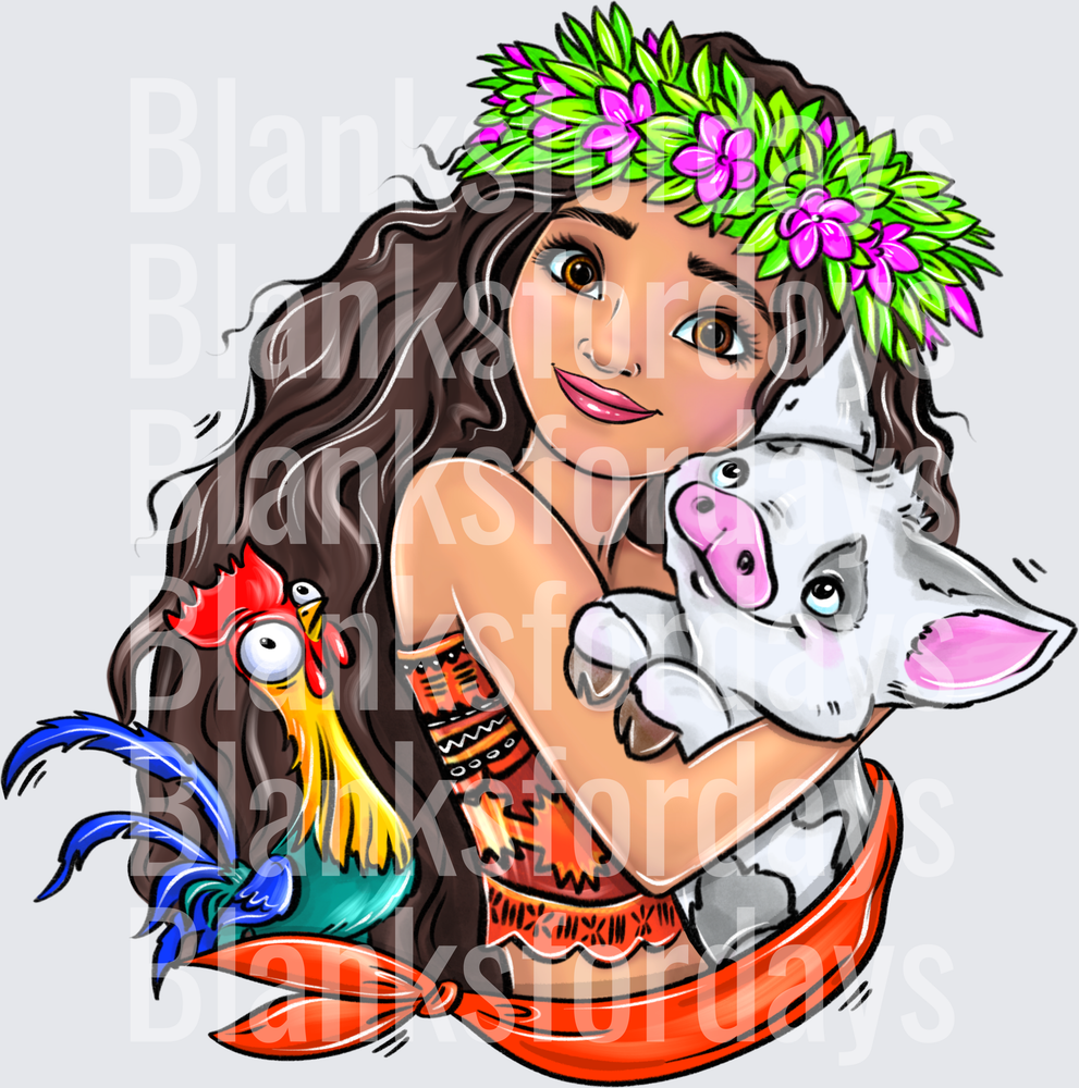 Moana with Pua Pig and Hei Hei Rooster Floral Crown (DTF)