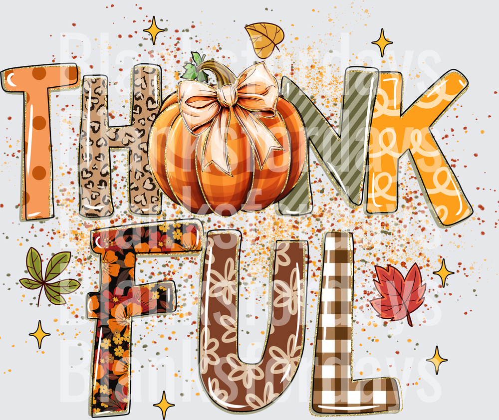 Thankful Fall Pumpkin with Bow Mixed Pattern Letters (DTF)