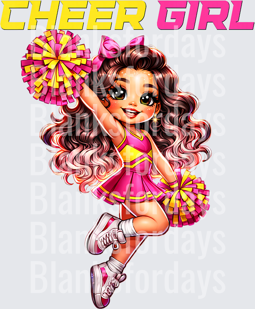 Cheer Girl Cartoon Cheerleader Pink Yellow Pom Poms (DTF)