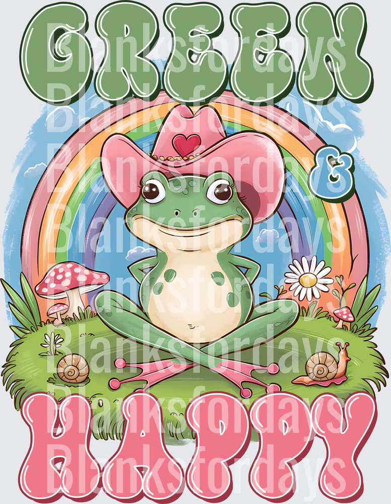 Green & Happy Cowgirl Frog Rainbow Mushroom Retro Groovy (DTF)