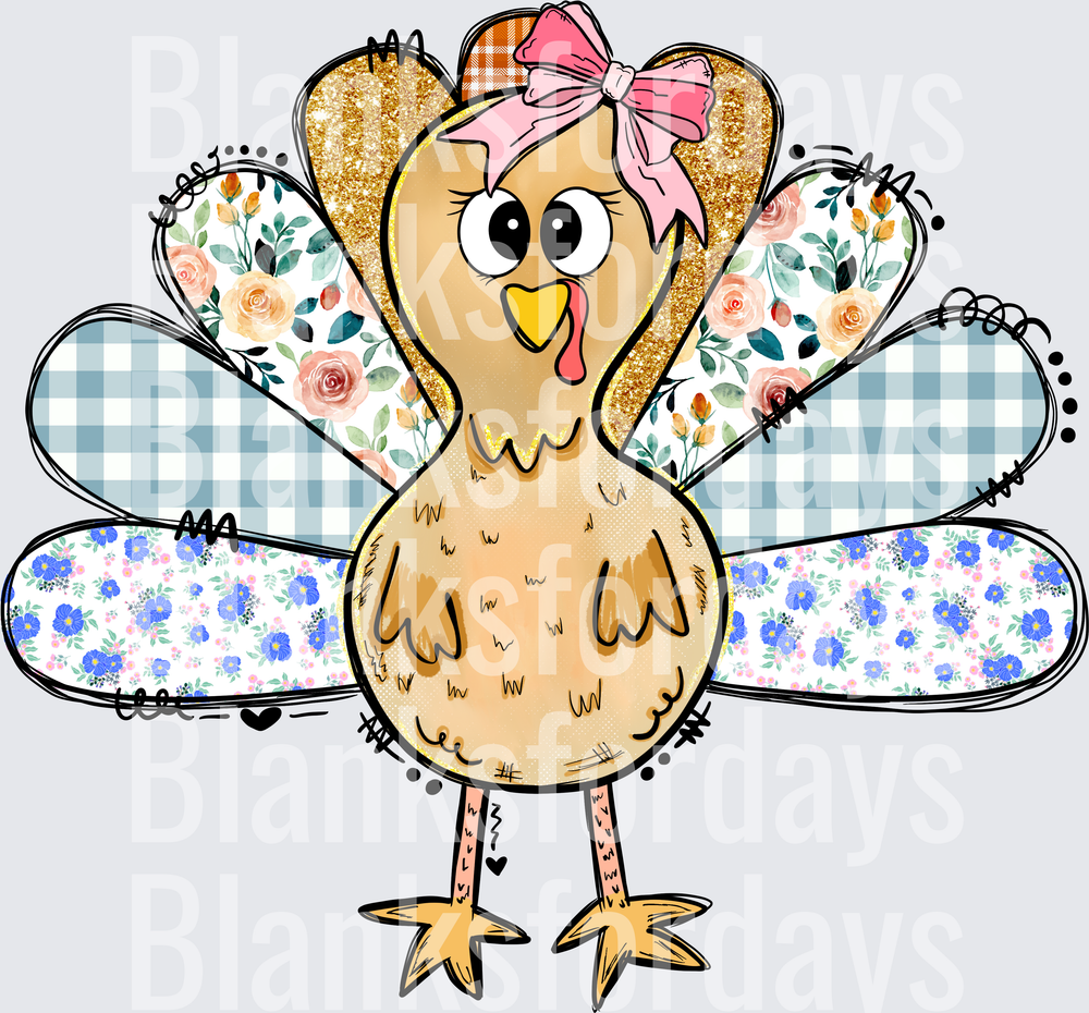 Cute Girl Turkey Pink Bow Floral Plaid Thanksgiving (DTF)