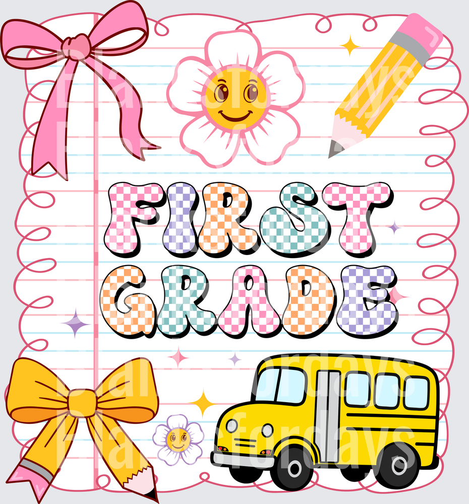 First Grade Checkered Groovy School Bus Bow Pencil Floral (DTF)