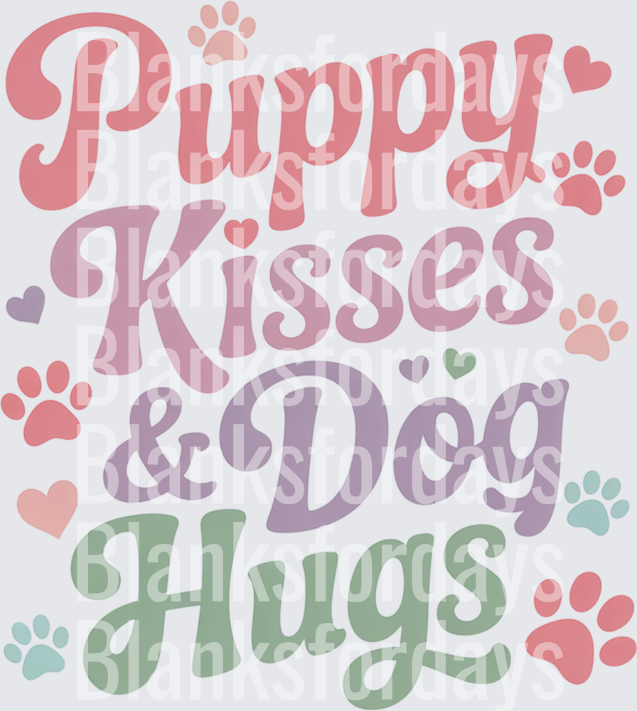 Puppy Kisses & Dog Hugs Retro Paw Print Hearts Typography (DTF)
