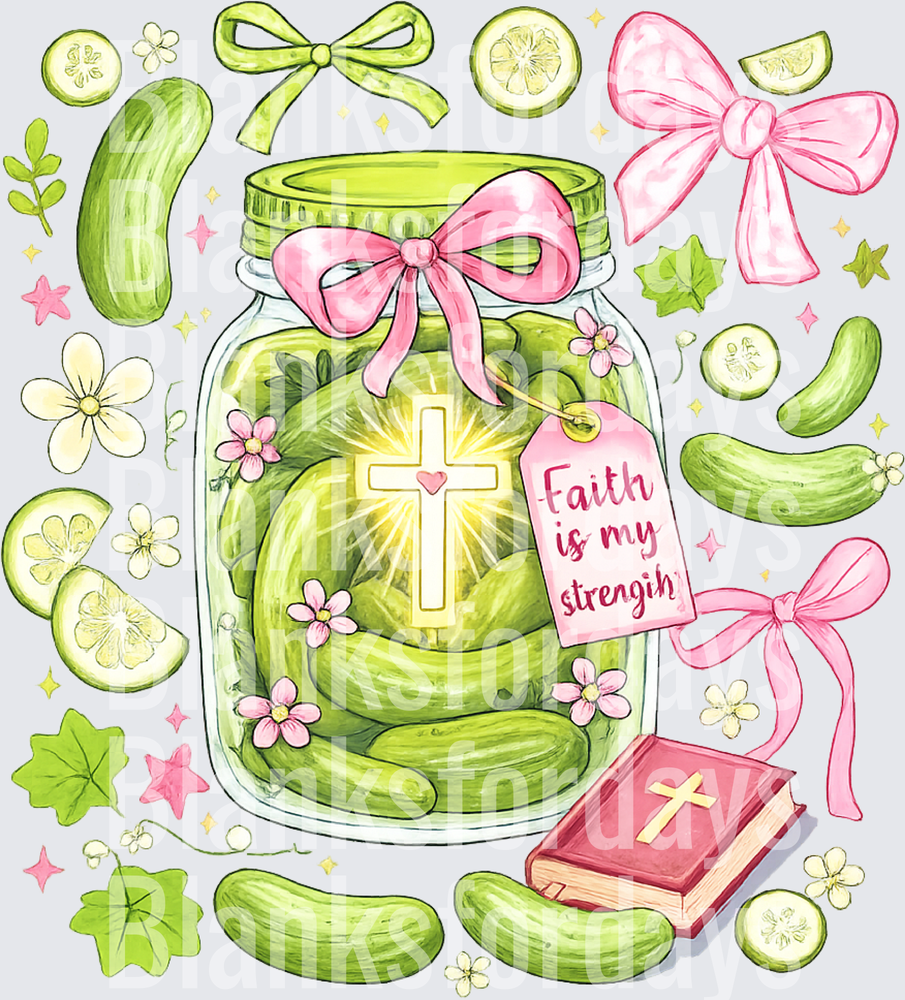 Faith Is My Strength Pickle Jar Pink Bow Christian Cross (DTF)
