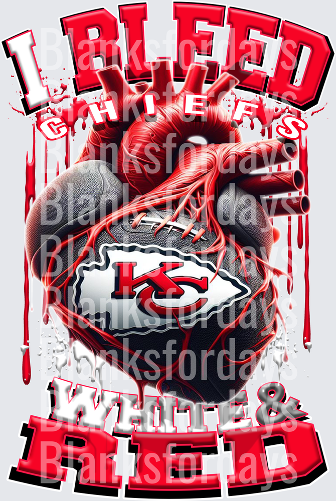 I Bleed Chiefs White & Red Anatomical Heart Football KC (DTF)