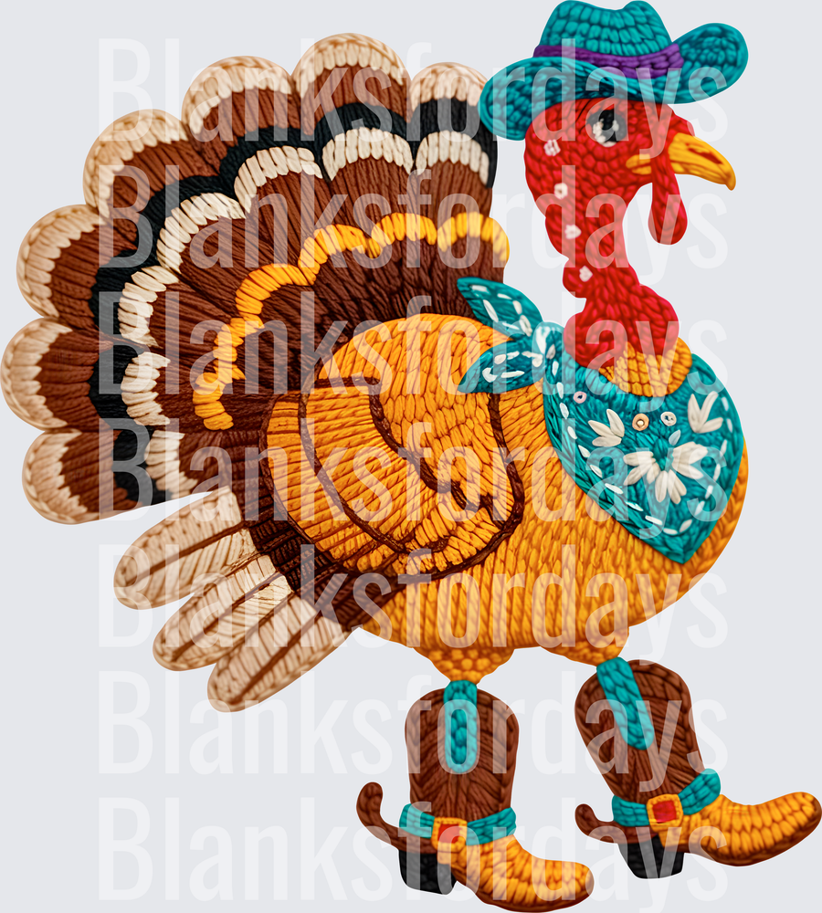Embroidered Style Cowboy Turkey with Boots and Bandana (DTF)