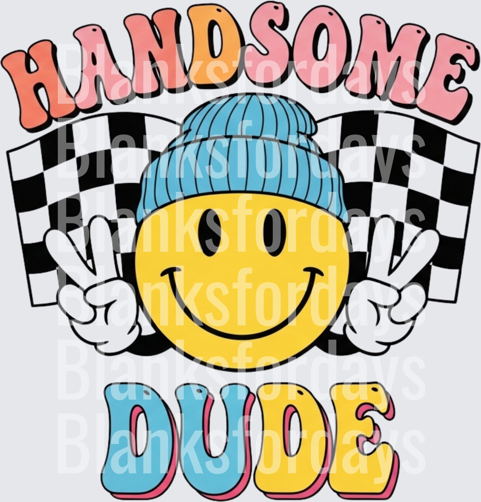 Handsome Dude Retro Smiley Face Beanie Peace Sign Checkered (DTF)