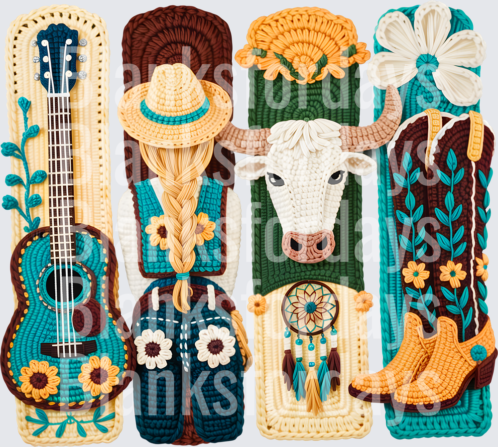 Crochet Western Bookmark Set Guitar Longhorn Cowgirl Boot (DTF)