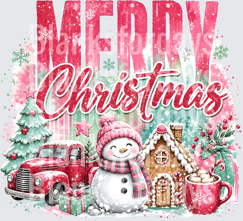 Merry Christmas Pink Snowman Gingerbread House Red Truck (DTF)