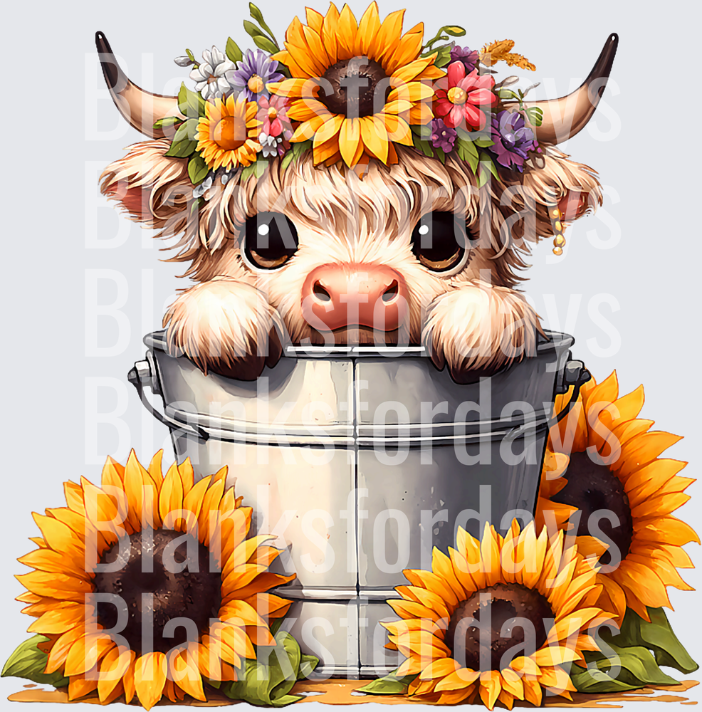 Cute Baby Highland Cow in Galvanized Bucket with Sunflowers (DTF)