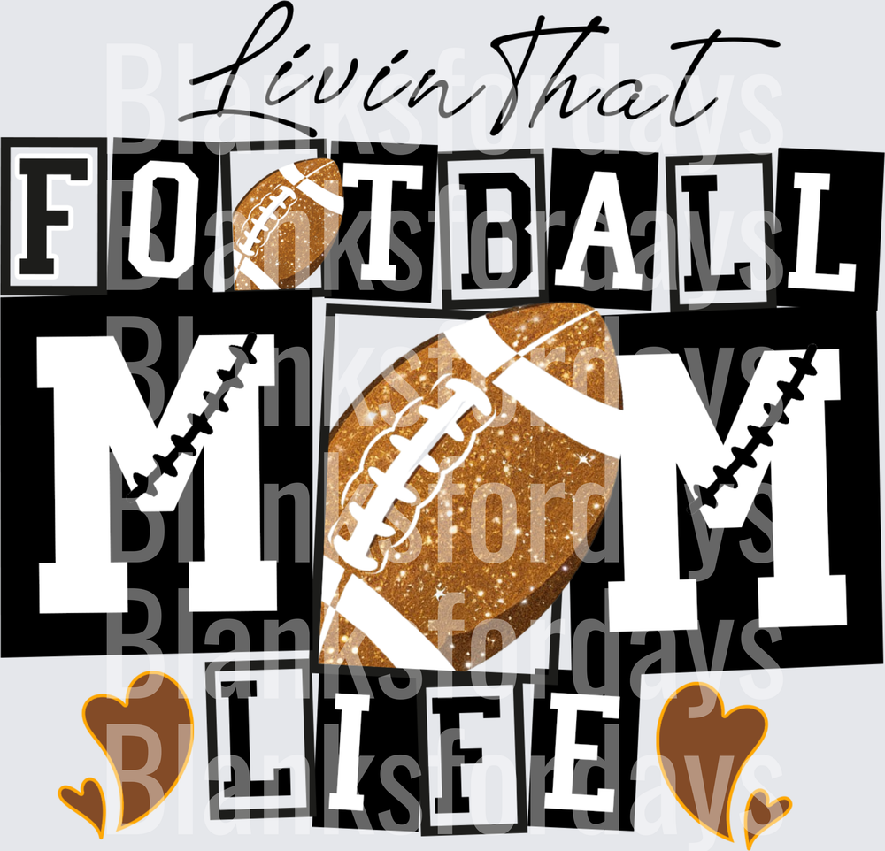 Livin That Football Mom Life Glitter Black and White Design (DTF)