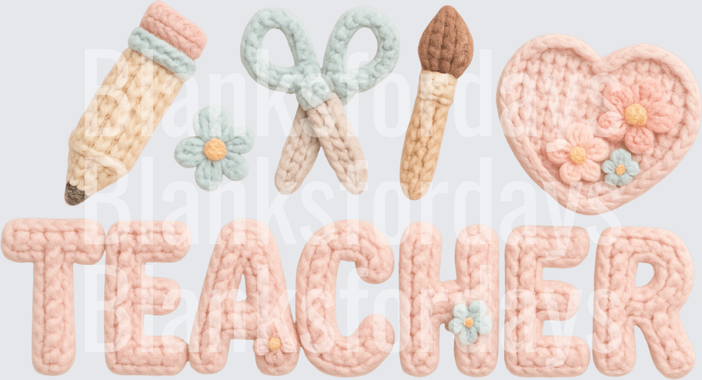 Crochet Knit Teacher Pencil Scissors Paintbrush Heart Floral (DTF)