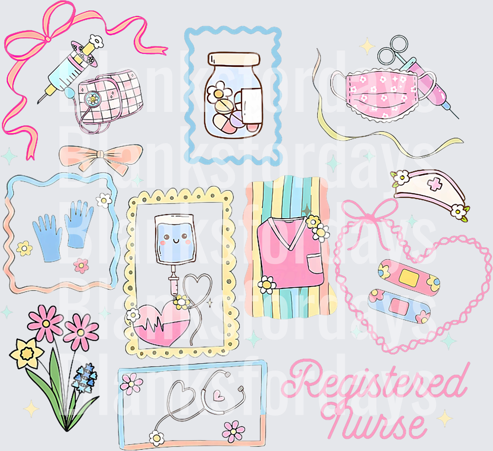 Registered Nurse Pastel Kawaii Medical Icons Collage (DTF)