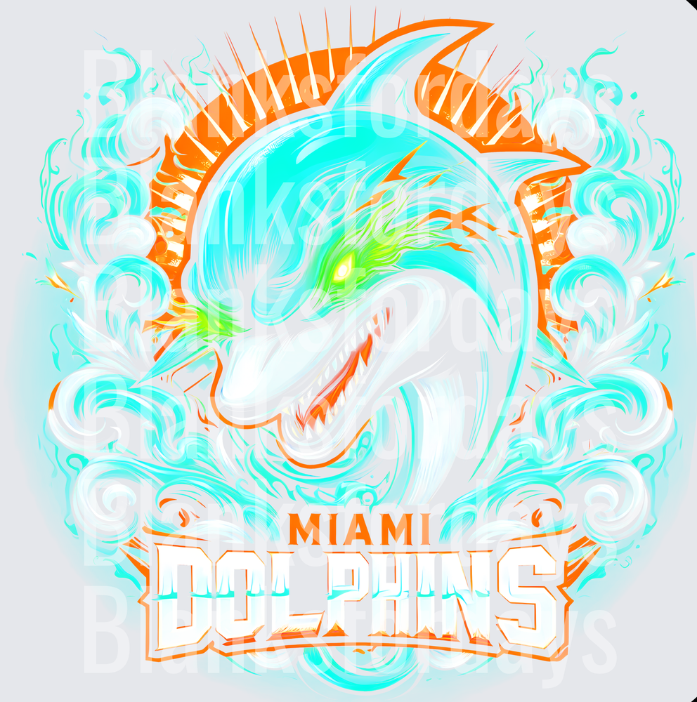 Miami Dolphins Fierce Glowing Dolphin Mascot Aqua Flames (DTF)