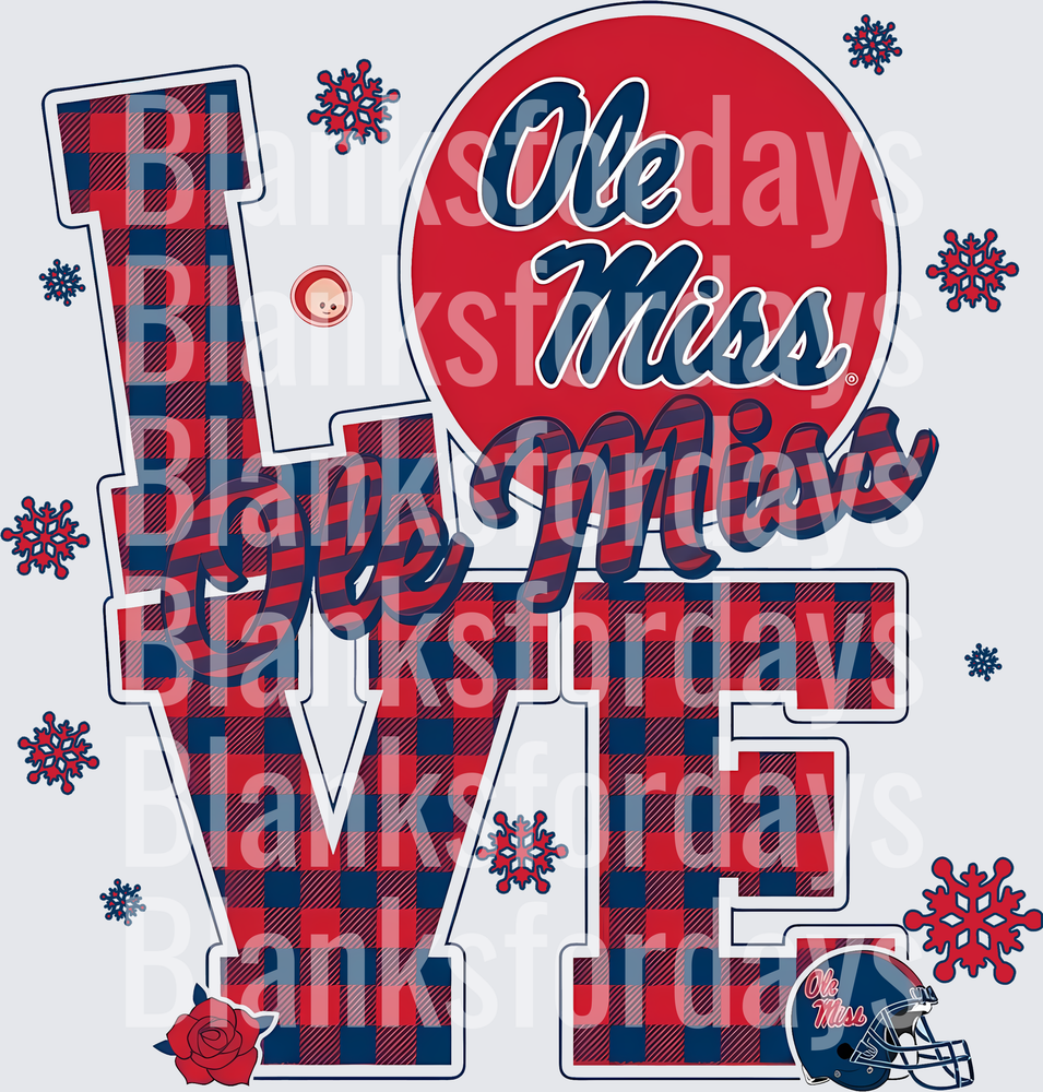 Ole Miss Rebels LOVE Buffalo Plaid Winter Snowflake Design (DTF)