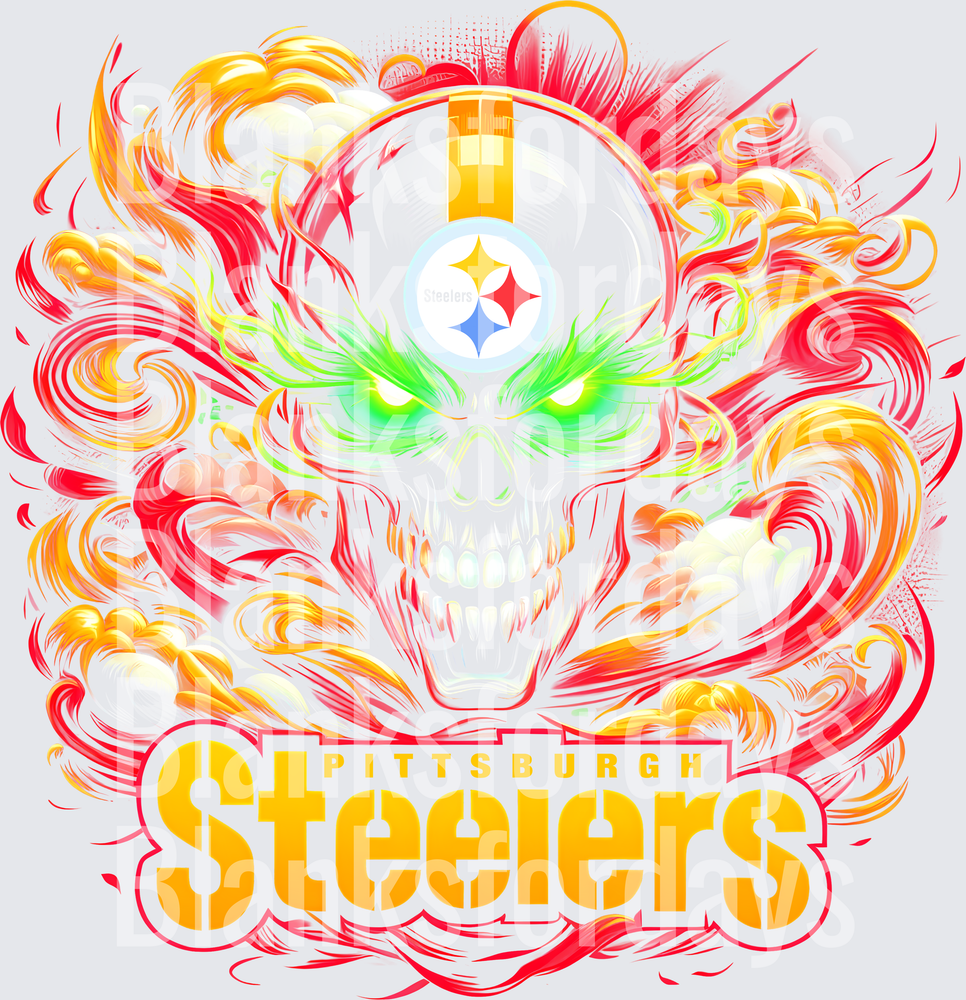 Pittsburgh Steelers Flaming Skull Green Eyes Swirl Design (DTF)