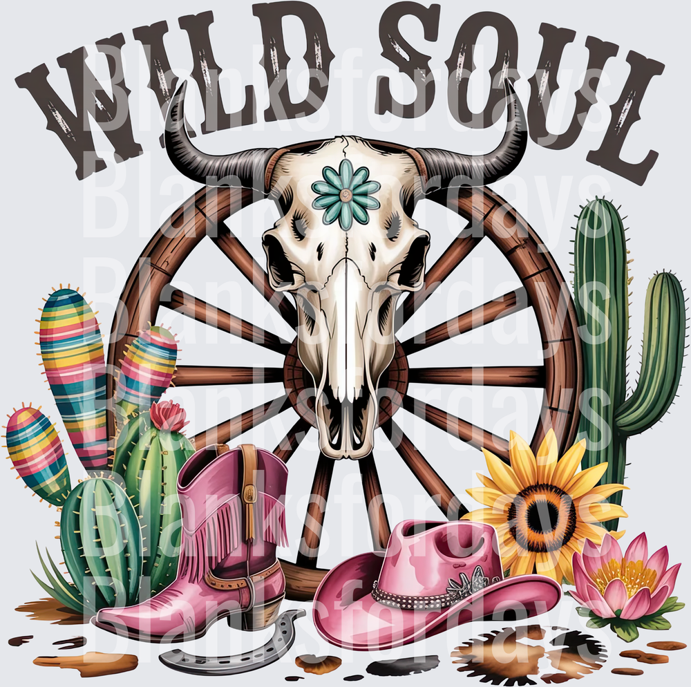 Wild Soul Bull Skull Wagon Wheel Western Cowgirl Boot Hat (DTF)