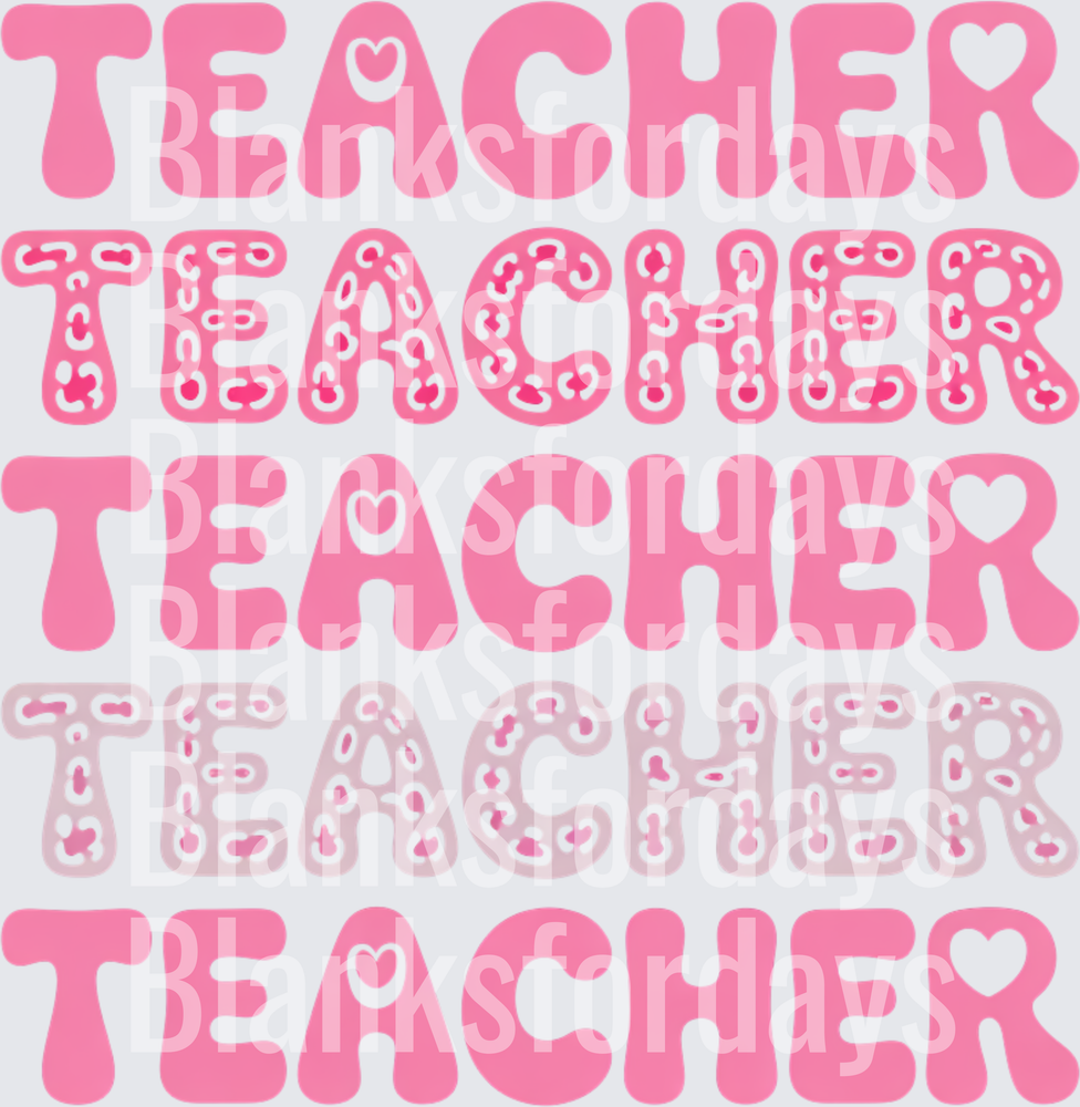 Pink Leopard Print Teacher Repeat Word Stack with Hearts (DTF)