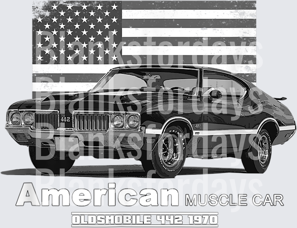 1970 Oldsmobile 442 American Muscle Car US Flag Grayscale (DTF)