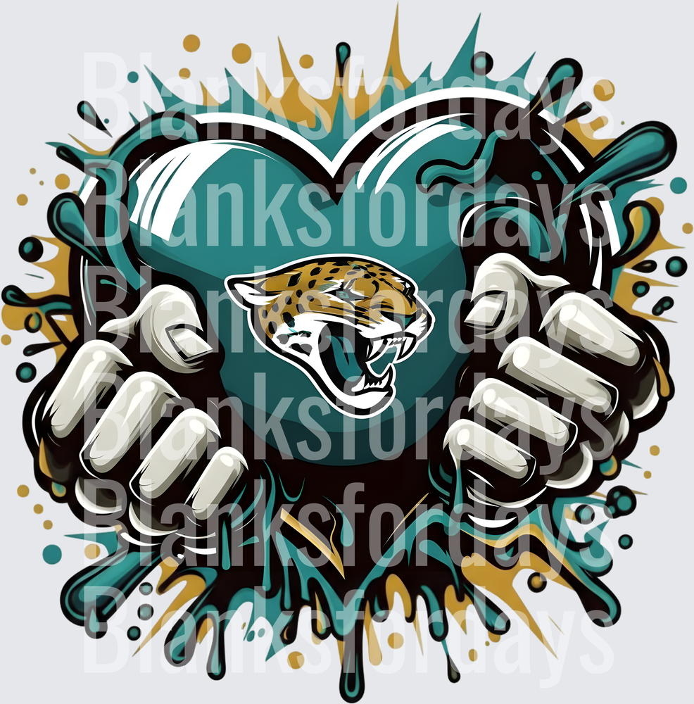 Jacksonville Jaguars Heart Hands Teal Gold Splatter Design (DTF)