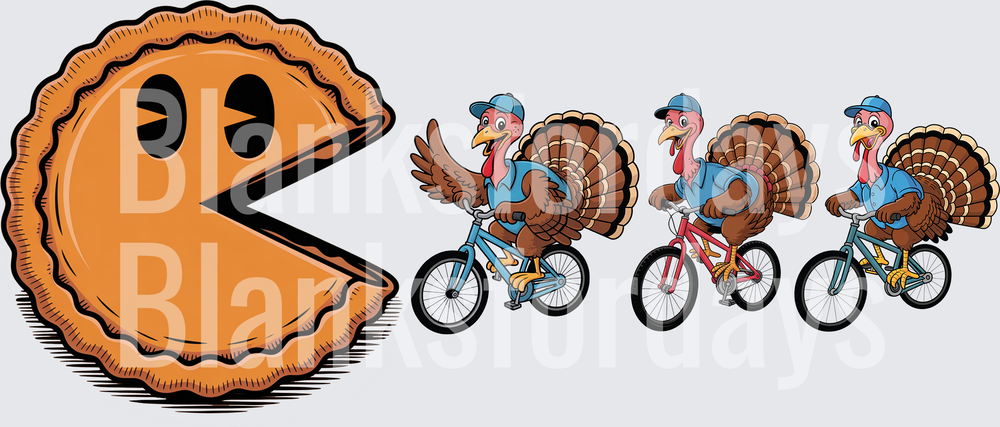Pac-Man Pumpkin Pie Chasing Turkeys on Bicycles Thanksgiving (DTF)