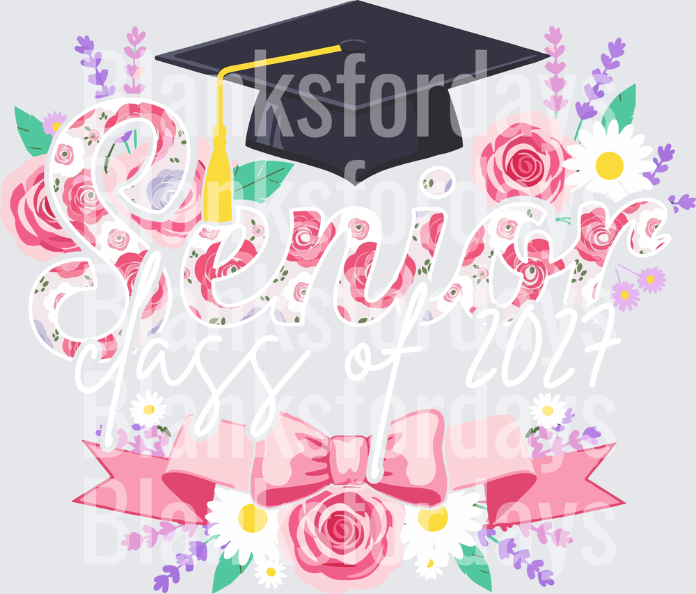 Senior Class of 2027 Floral Graduation Cap Pink Bow Design (DTF)