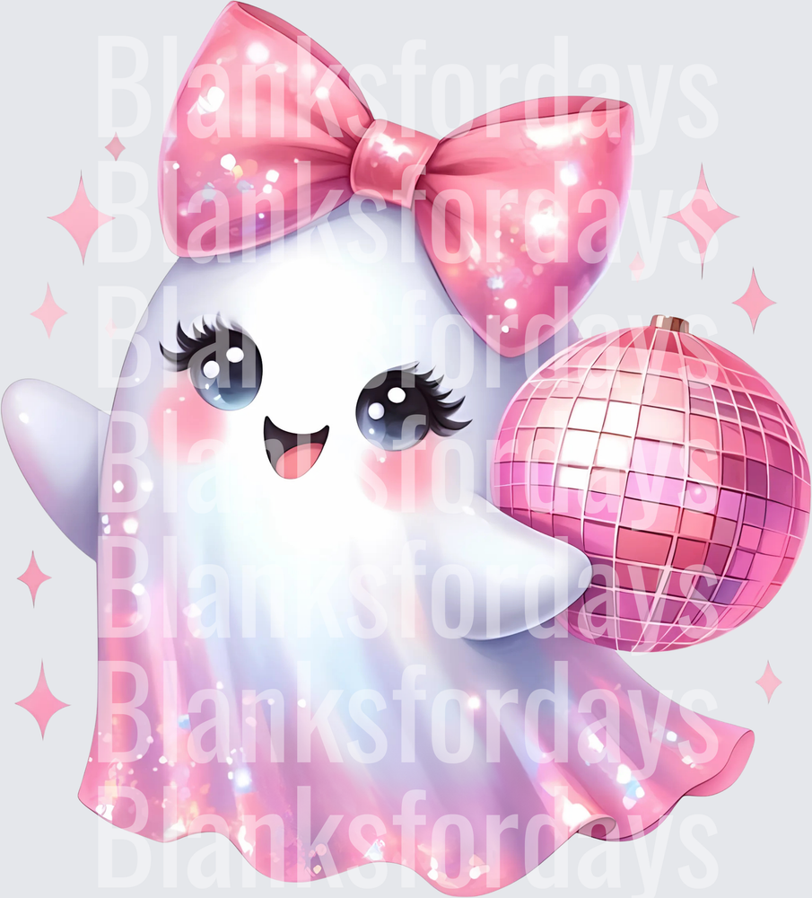 Cute Kawaii Ghost Pink Bow Disco Ball Sparkle Halloween (DTF)