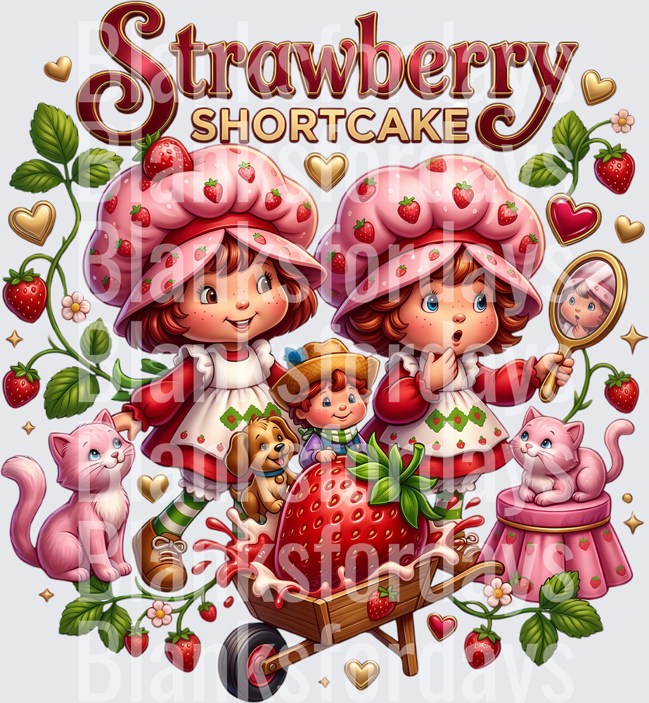 Strawberry Shortcake Girls With Pink Cats And Strawberry Wheelbarrow (DTF)