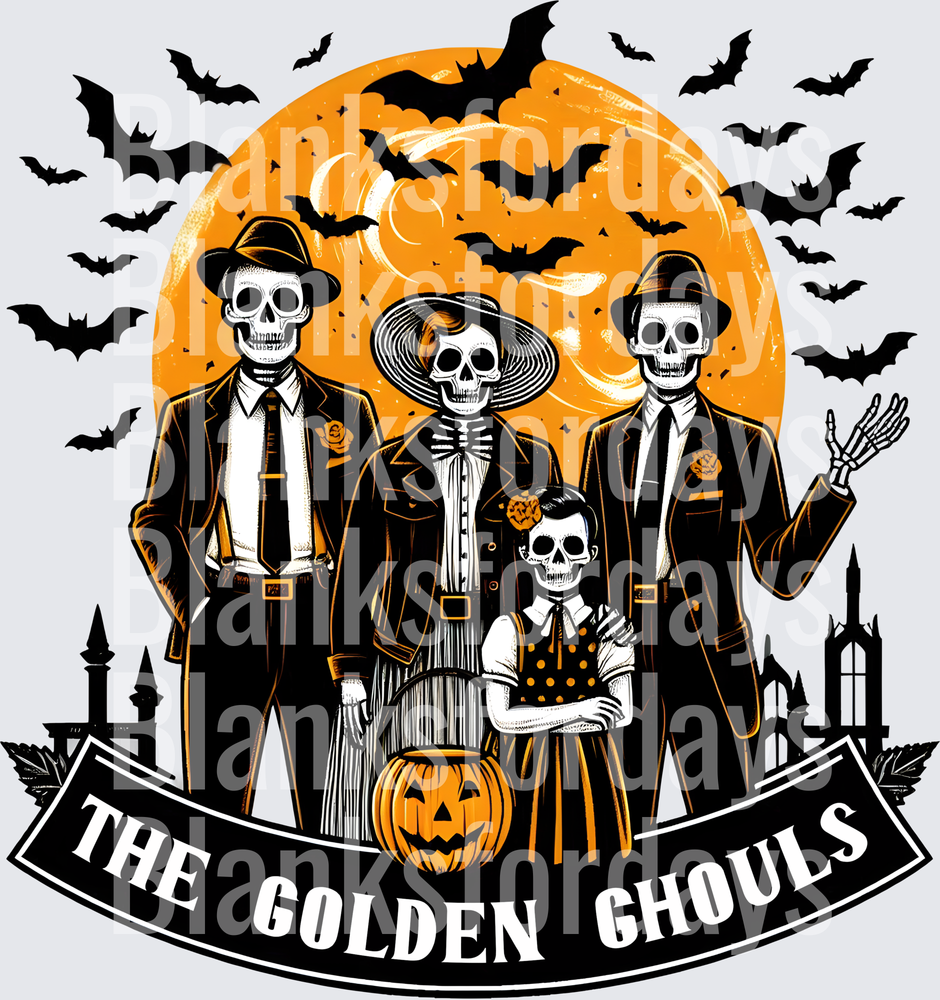 The Golden Ghouls Skeleton Family Halloween Moon Bats (DTF)
