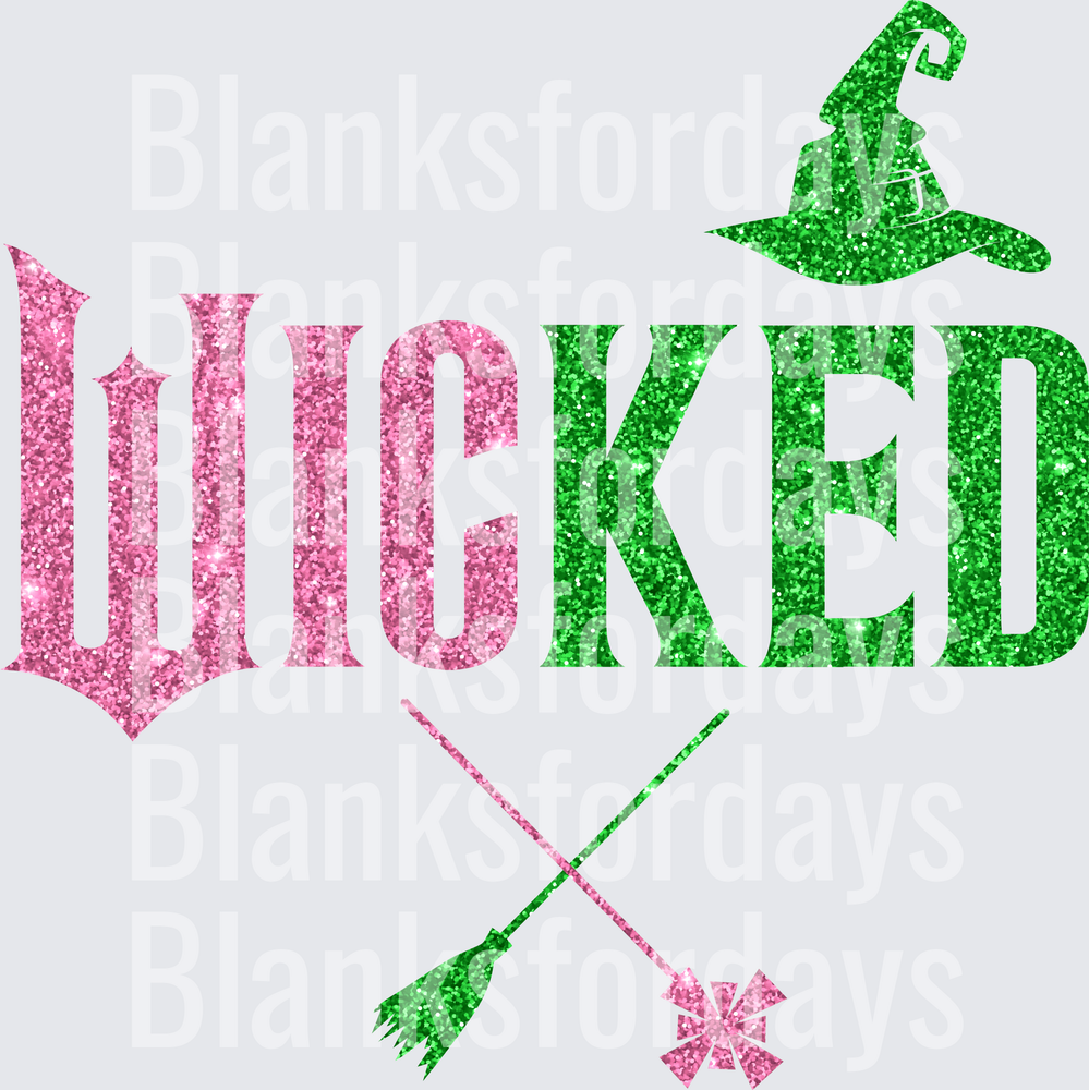Wicked Glitter Pink Green Witch Hat Crossed Brooms Design (DTF)