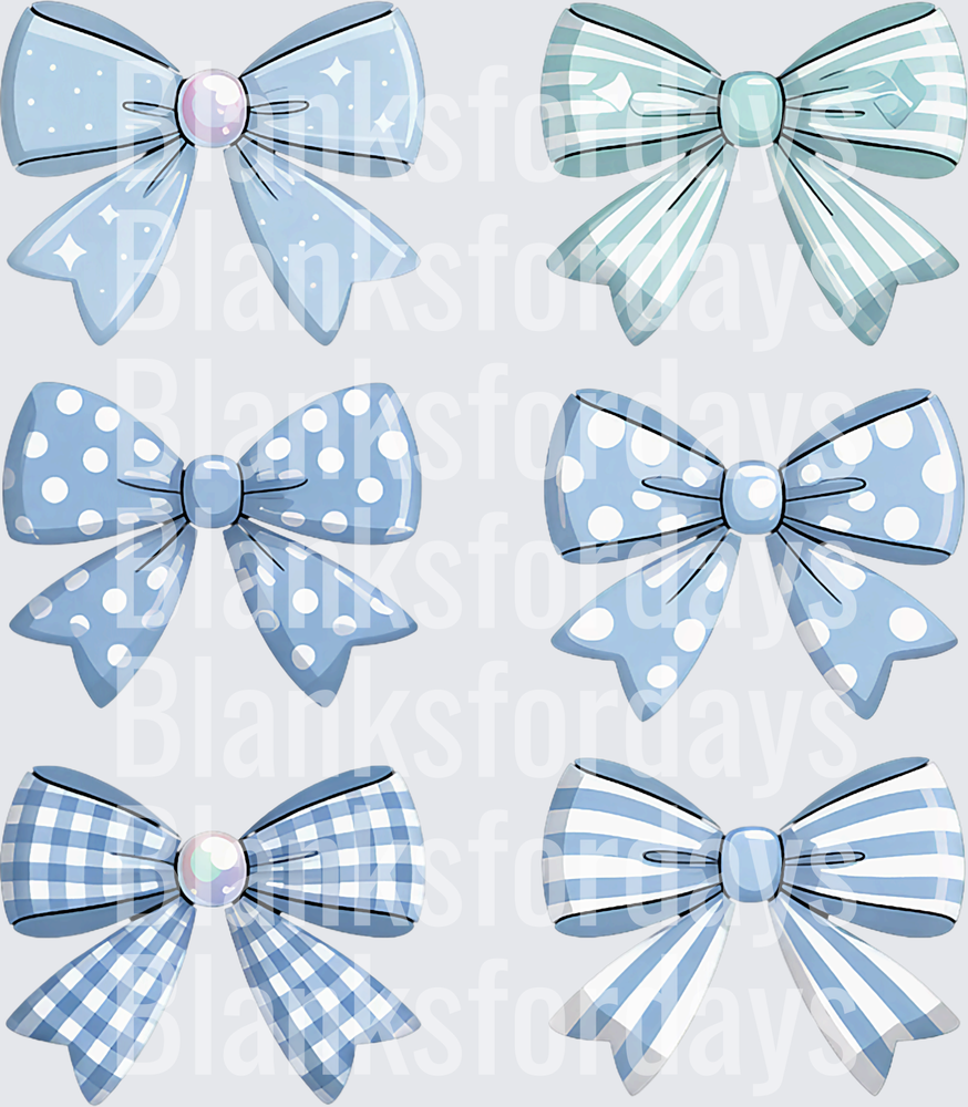 Six Blue Coquette Bows Polka Dot Gingham Stripe Pattern (DTF)