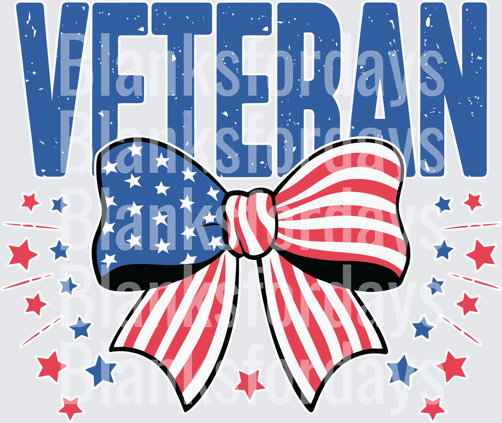 Veteran Distressed Text American Flag Bow Red White Blue Stars (DTF)