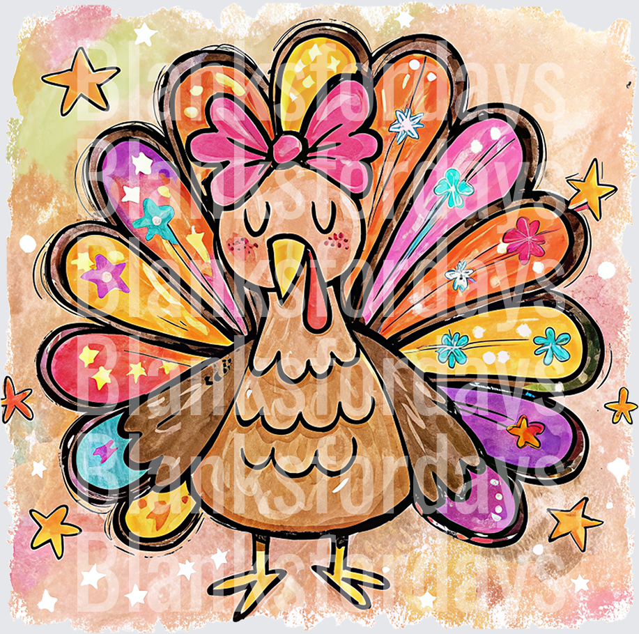 Cute Girl Turkey Pink Bow Colorful Feathers Thanksgiving (DTF)