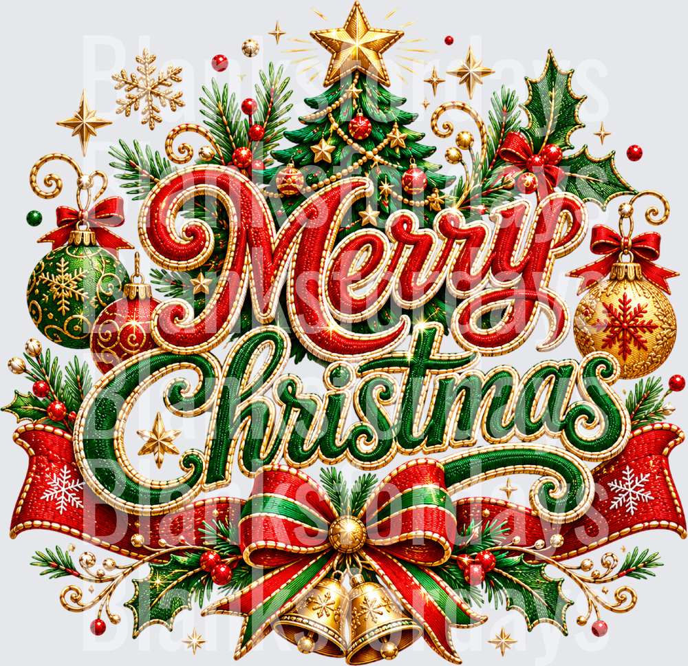 Merry Christmas Embroidery Style Red Green Gold Holiday Design (DTF)