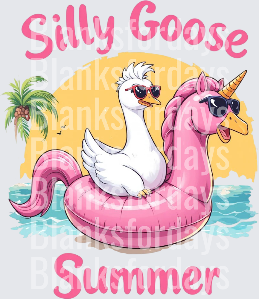 Silly Goose Summer Pink Unicorn Pool Float Beach Scene (DTF)