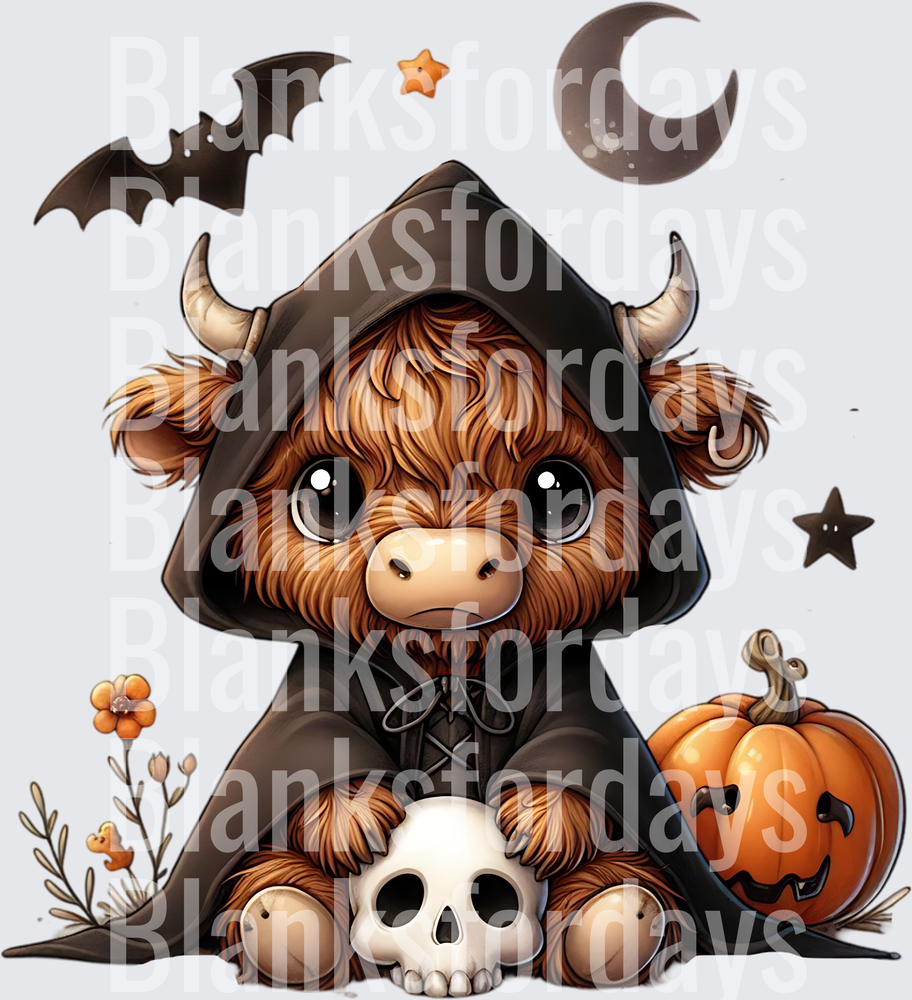 Cute Halloween Highland Cow in Black Cloak with Skull and Pumpkin (DTF)