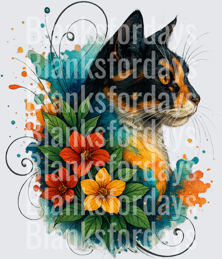 Watercolor Calico Cat with Red and Yellow Floral Bouquet (DTF)