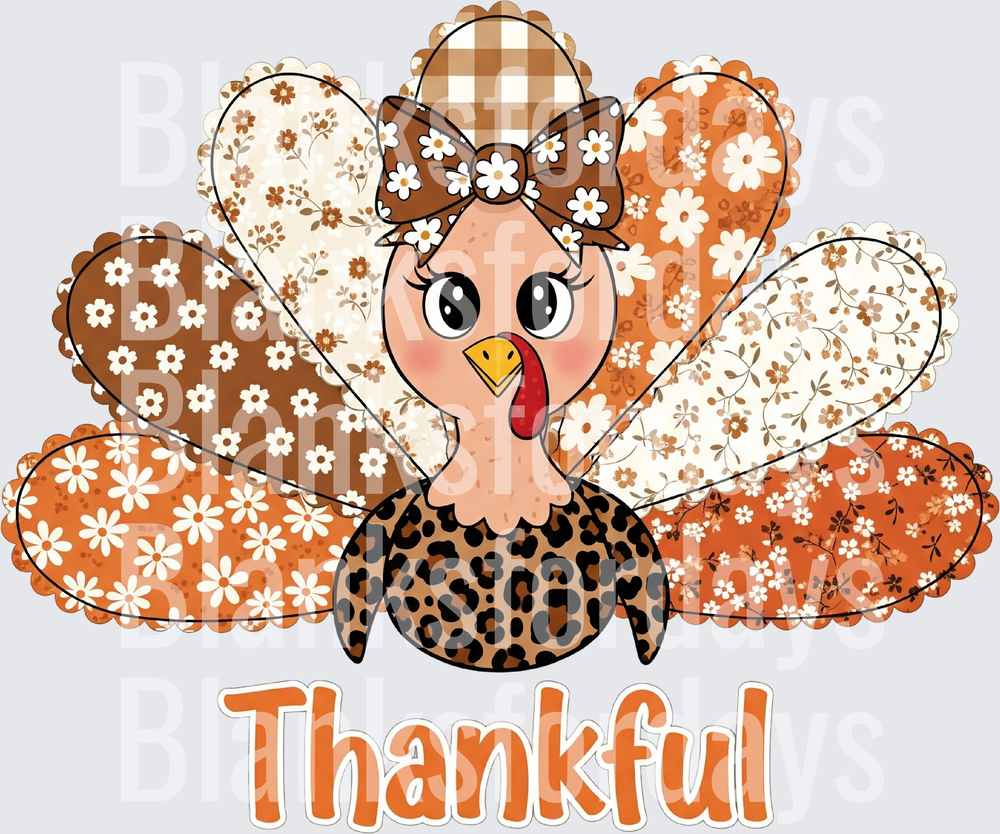 Thankful Turkey Girl Floral Leopard Print Bow Thanksgiving (DTF)