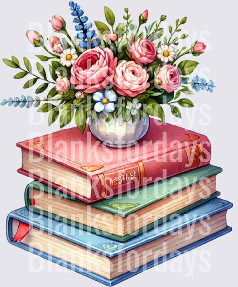 Stacked Books with Pink Roses Floral Bouquet Watercolor (DTF)