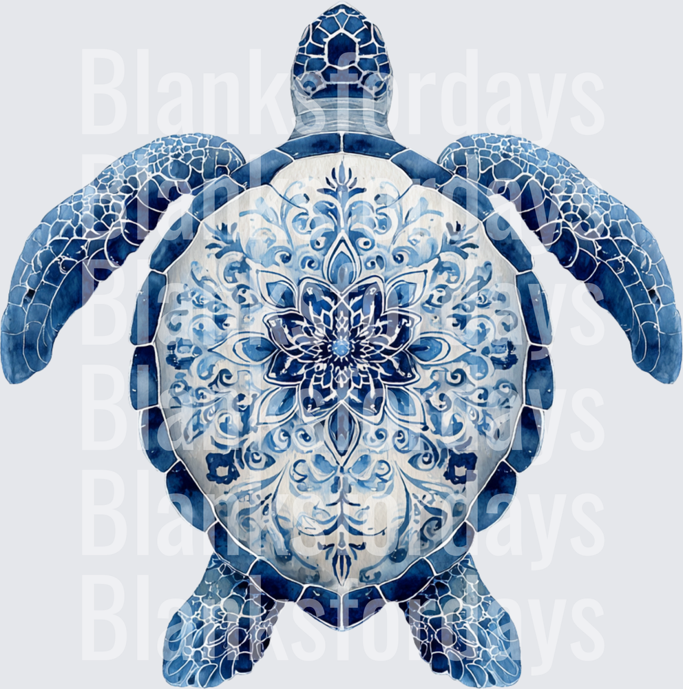 Blue Watercolor Sea Turtle Mandala Floral Shell Design (DTF)