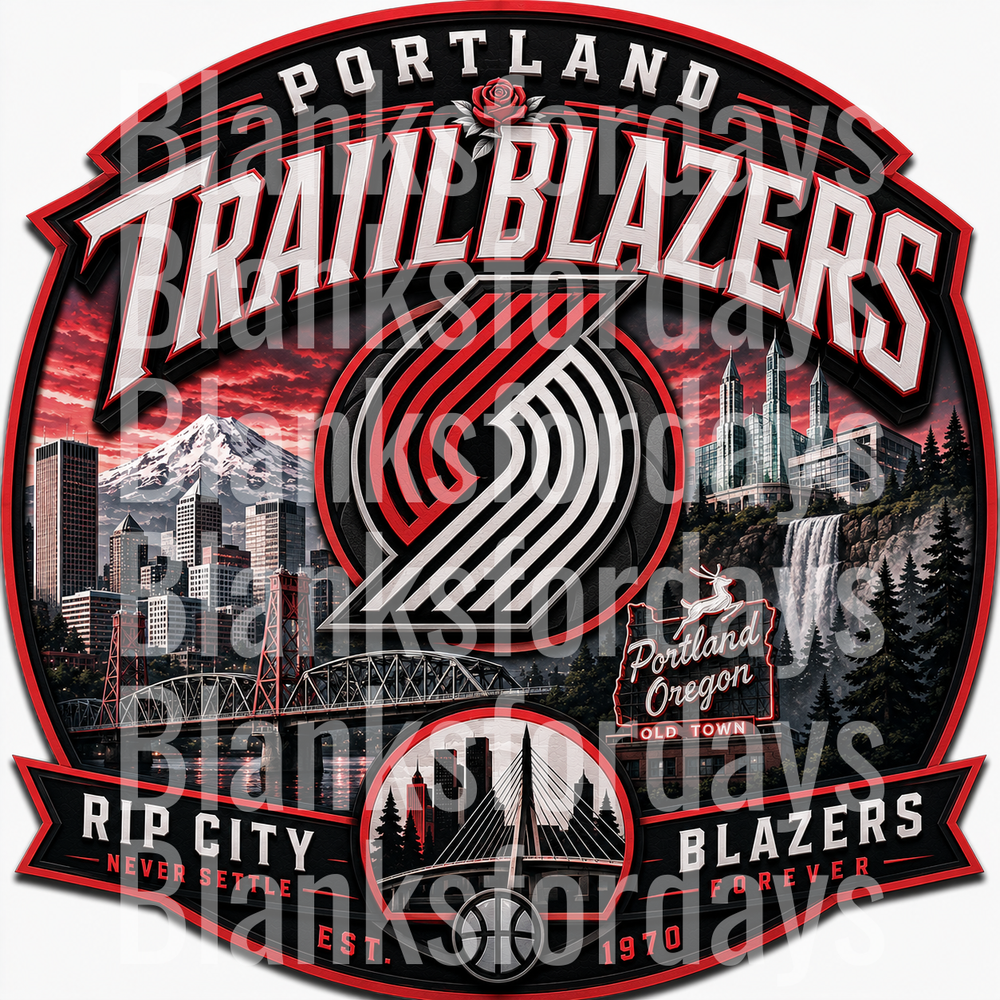 Portland Trail Blazers Rip City Oregon Skyline Collage Badge (DTF)