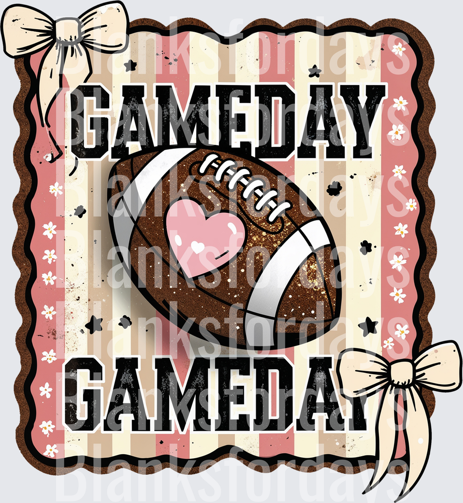 Gameday Football Pink Striped Bow Floral Distressed Design (DTF)