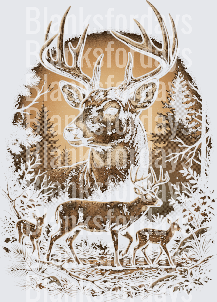 Vintage Sepia Whitetail Buck and Deer Family Forest Scene (DTF)