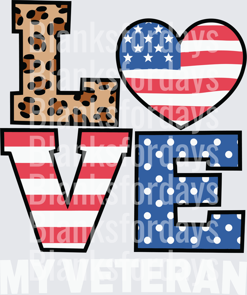 Love My Veteran Patriotic American Flag Heart Letter Design (DTF)