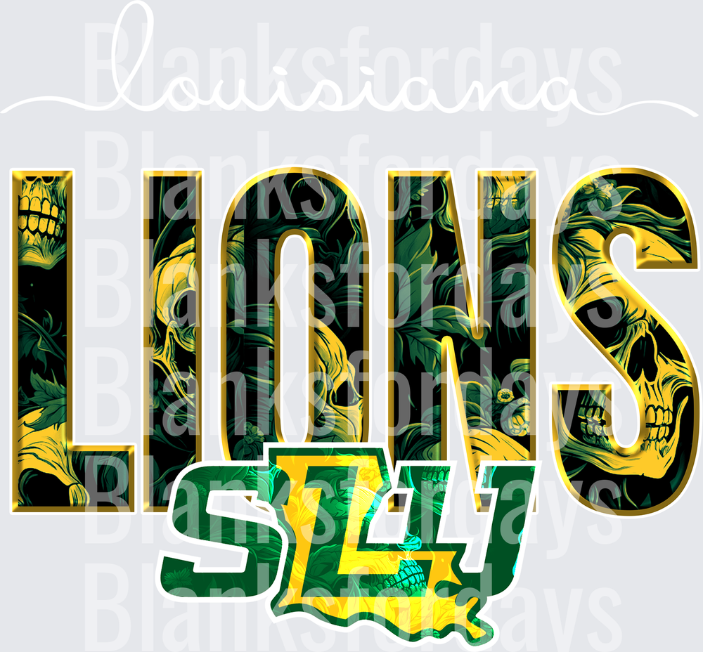 Southeastern Louisiana Lions Skull Floral Gold Green Logo (DTF)