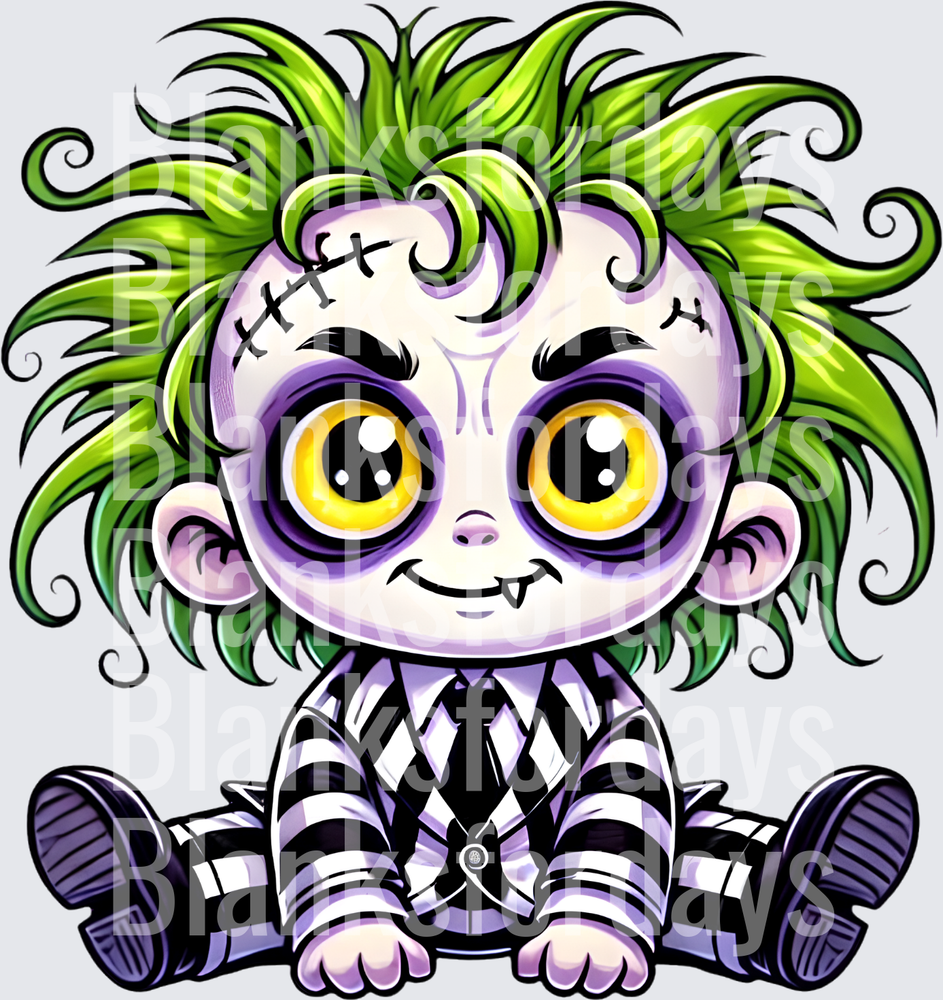 Cute Baby Beetlejuice Chibi Character with Wild Green Hair (DTF)