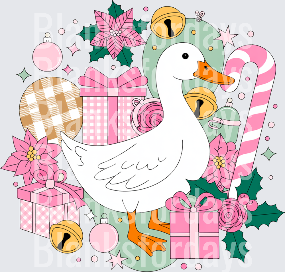 Christmas Goose Pink Holiday Gifts Candy Cane Festive Scene (DTF)