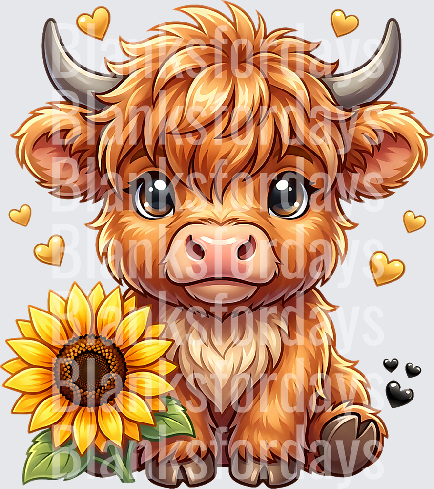 Cute Baby Highland Cow with Sunflower and Gold Hearts (DTF)