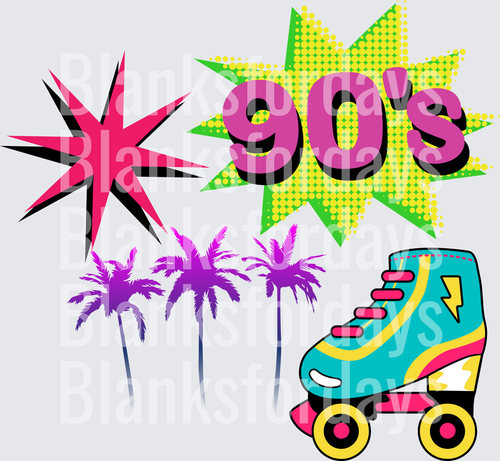 90s Retro Roller Skate Palm Trees Neon Star Burst Design (DTF)
