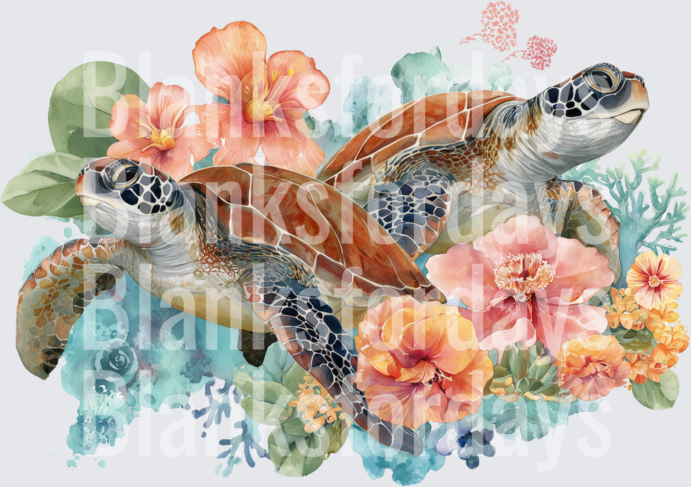 Two Sea Turtles Swimming Through Tropical Floral Watercolor (DTF)